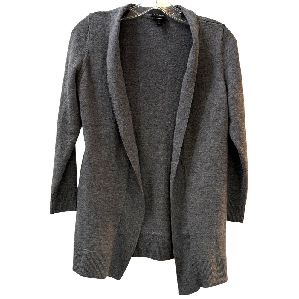Talbots Merino Wool Open Front Cardigan Petite Medium Charcoal Gray Shawl Collar